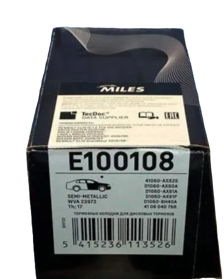 Колодки тормозные "MILES" передние  (LADA VESTA / RENAULT DUSTER / NISSAN NOTE E100108