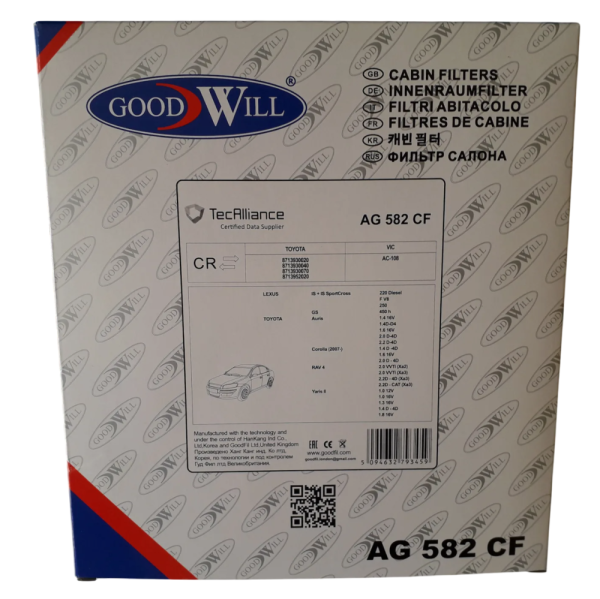 Фильтр салона "GOODWILL" TOYOTA RAV4/COROLLA/YARIS/AURIS AG582CF
